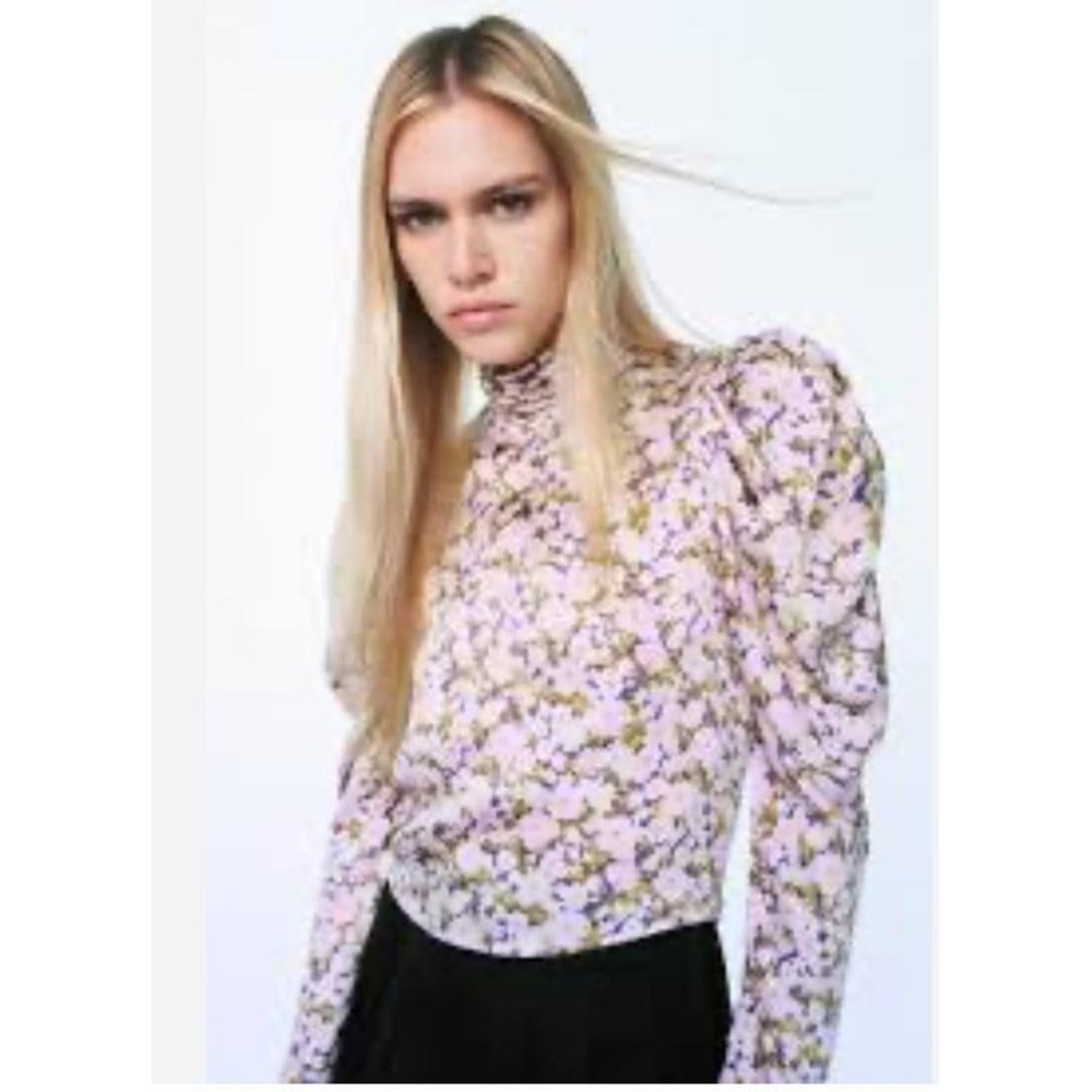 Zara Women Floral Print Puff Sleeve High Neck Blouse Purple Size XS